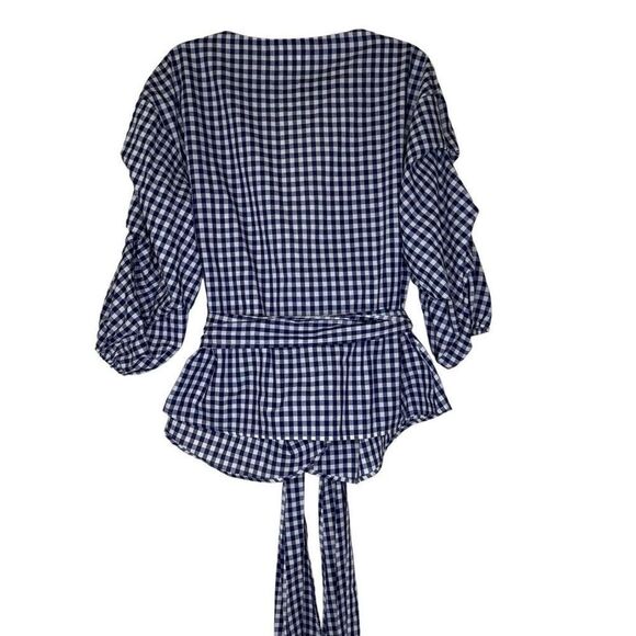 Fever Navy & White Gingham Tiered Full Sleeve True Wrap Top Sz XL Cha Cha, Chic - Picture 4 of 11